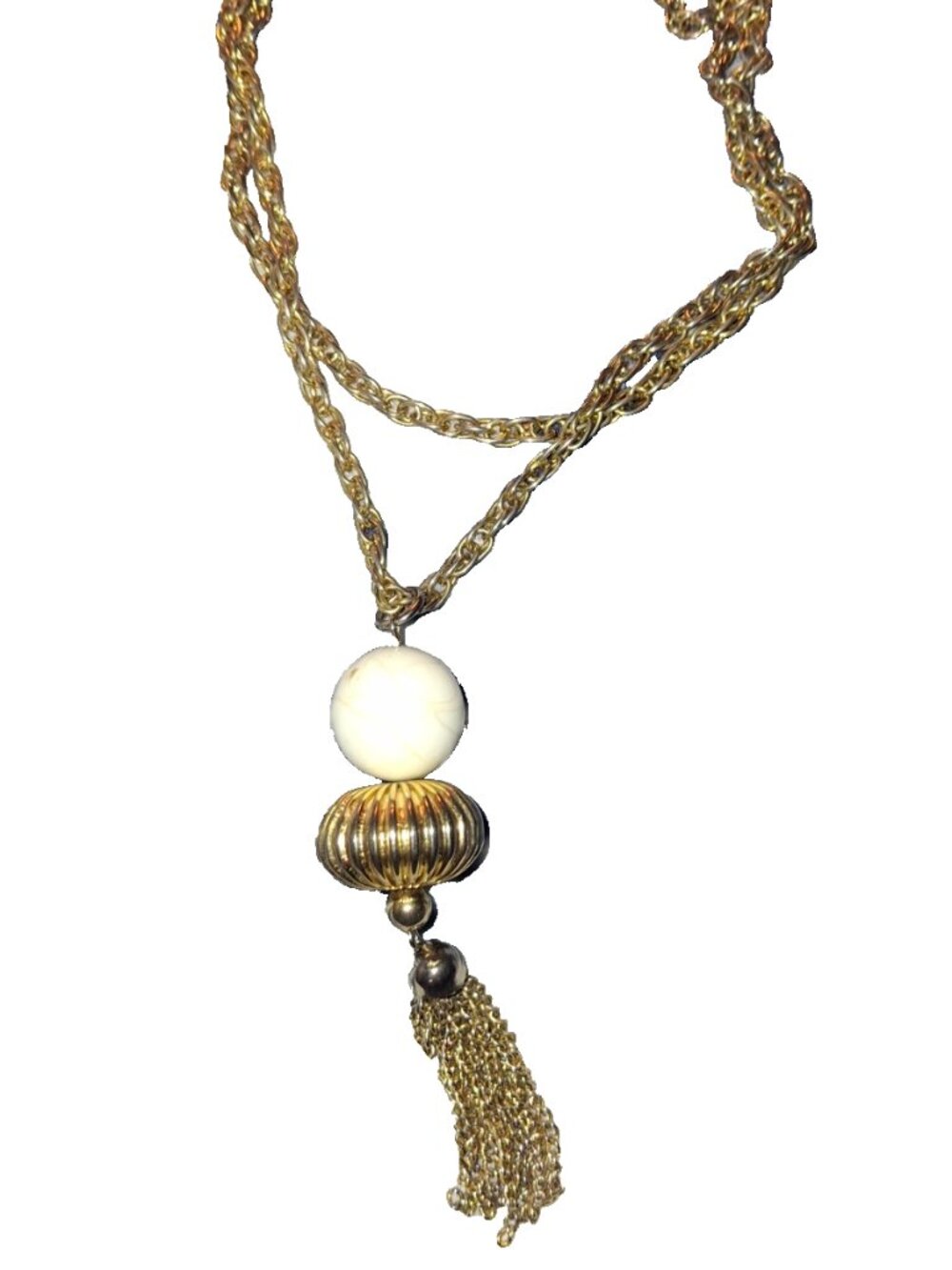 White Lucite Beaded Gold Tone Chain Tassel Pendant mod Vintage Necklace mcm